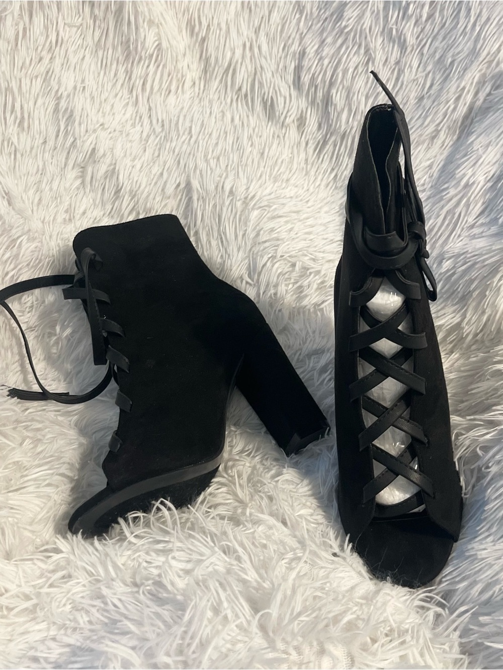 Black Suede leather strap gladiator peep toe ankle booties